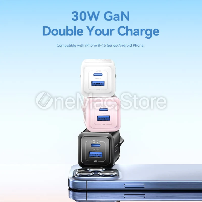 2-портовий зарядний пристрій Vention USB (C + A), GaN (30 Вт/30 Вт) (Чорний)