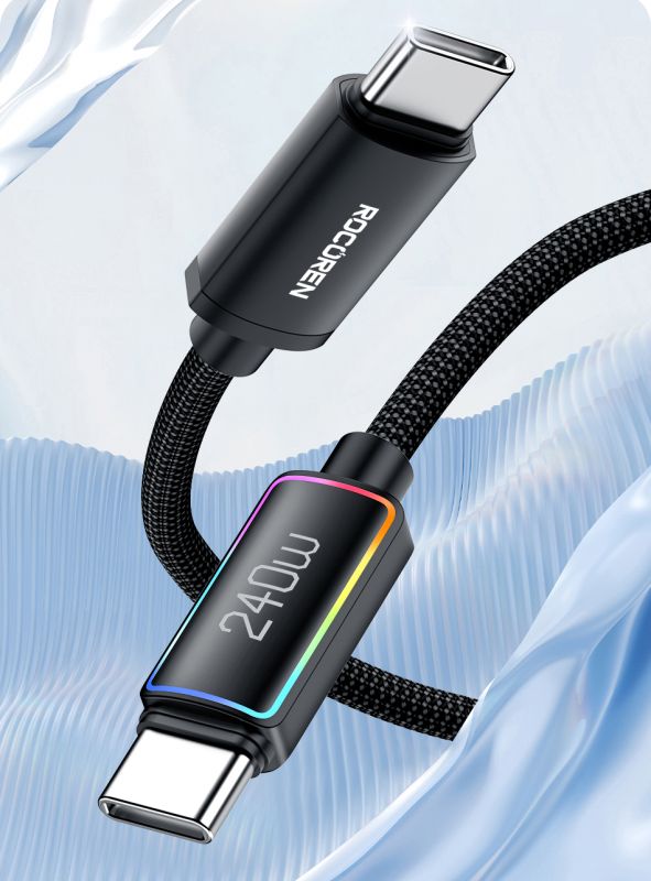 Зарядний кабель Rocoren 240W USB-C на USB-C 1М RGB Fast Charging Cable (Чорний)