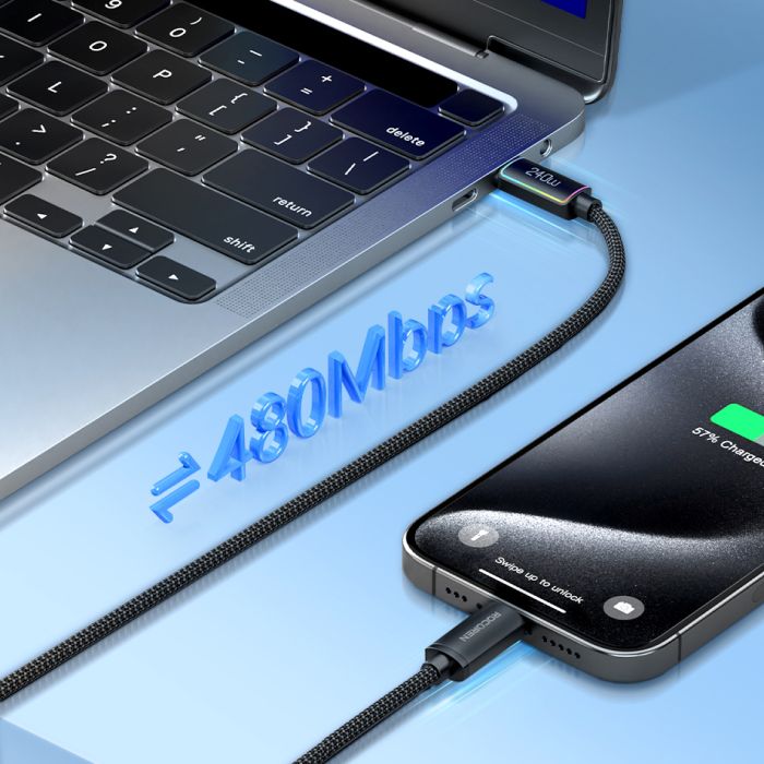 Зарядний кабель Rocoren 240W USB-C на USB-C 1М RGB Fast Charging Cable (Чорний)