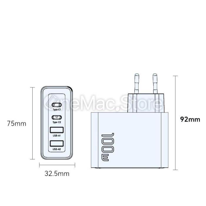 Зарядний пристрій Essager 100W GAN (2xType-C + 2xUSB-A) (Чорний)